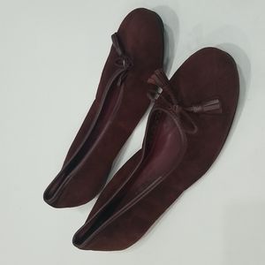 Lands End Suede Eggplant Purple Ballerina Tassel Ribbon Flats